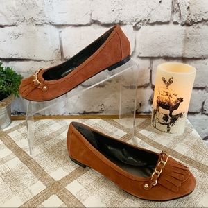 Monet Leather Suede Loafer with Gold Chain Detail